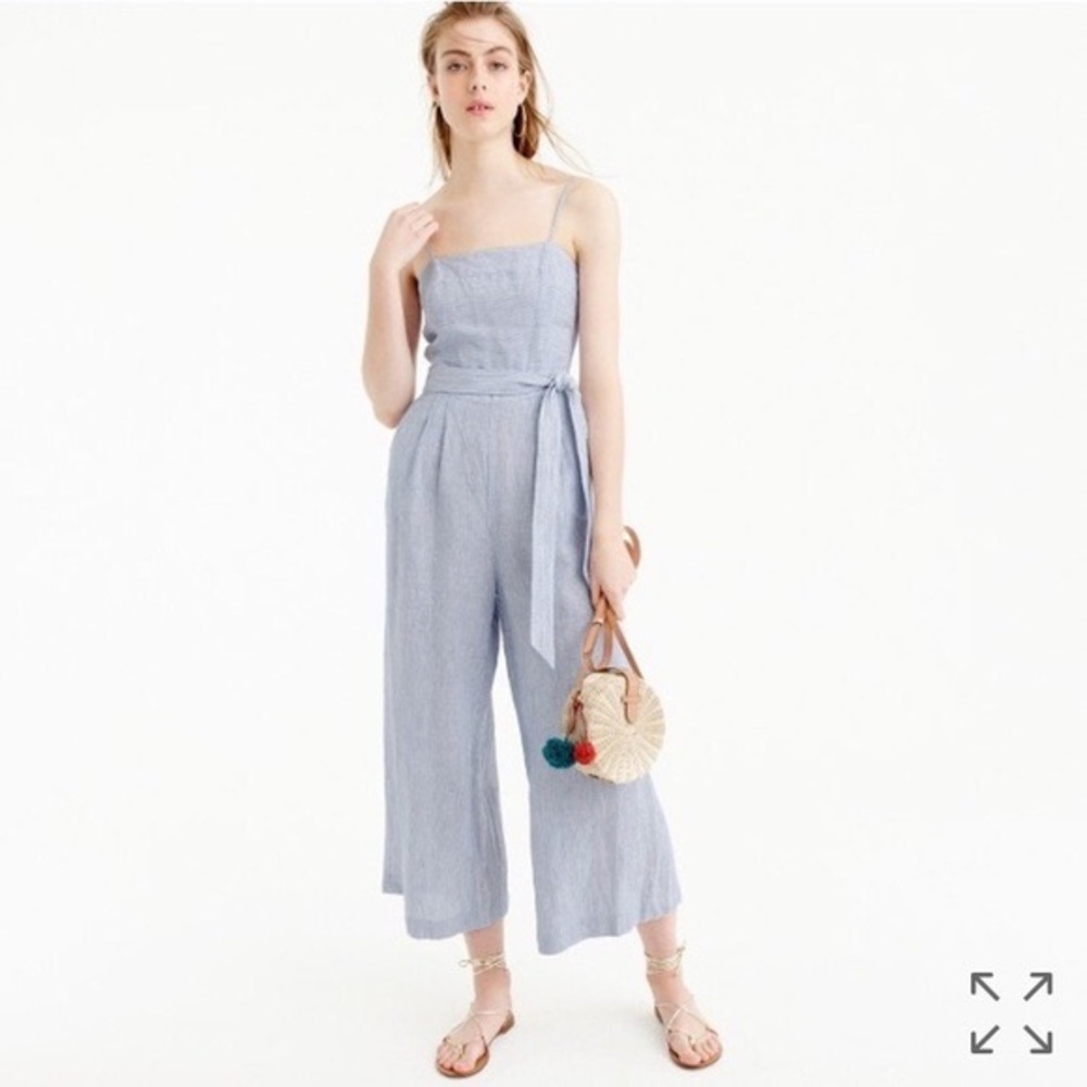 J. Crew Striped Linen Jumpsuit Blue